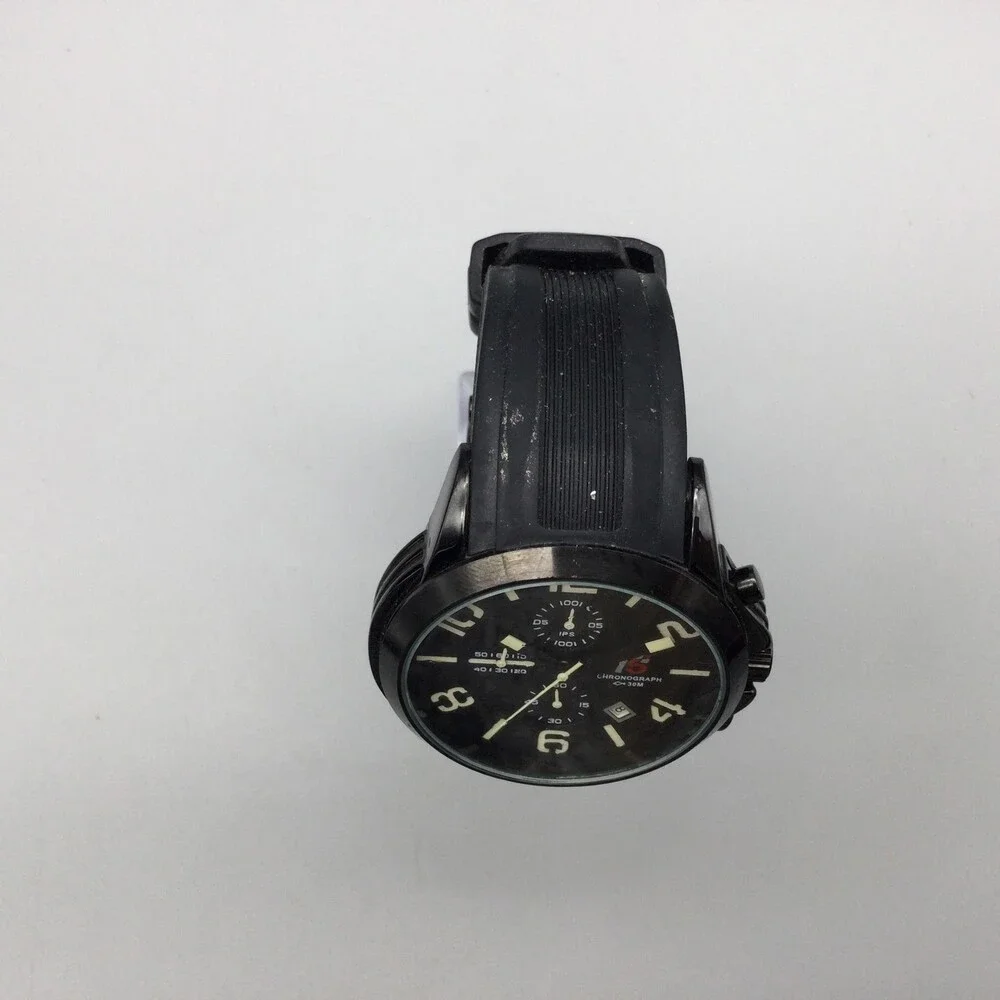 T5 Chronograph Watch Mens 44mm Black Dial Black Rubber Strap Date New Battery